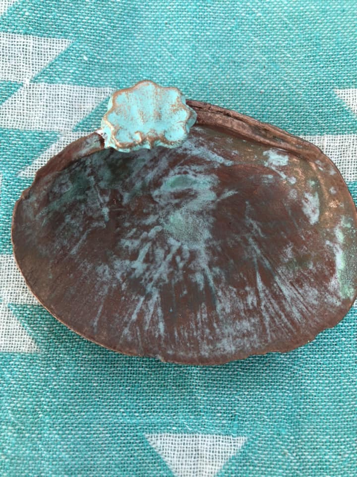 Verdigris Clam trinket tray Shell Art