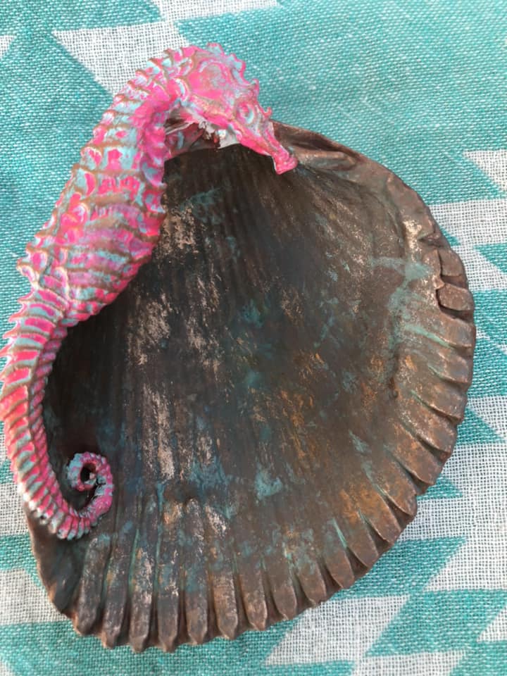Pink Sea Horse trinket tray Shell Art